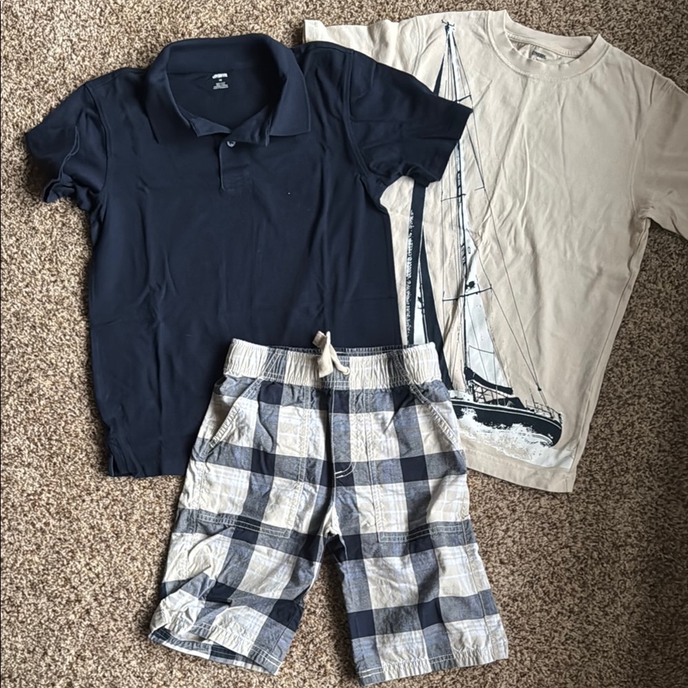 Gymboree 3 pc set Navy Polo Shirt (NWT) & Tee, size 10, Plaid Shorts, size 8